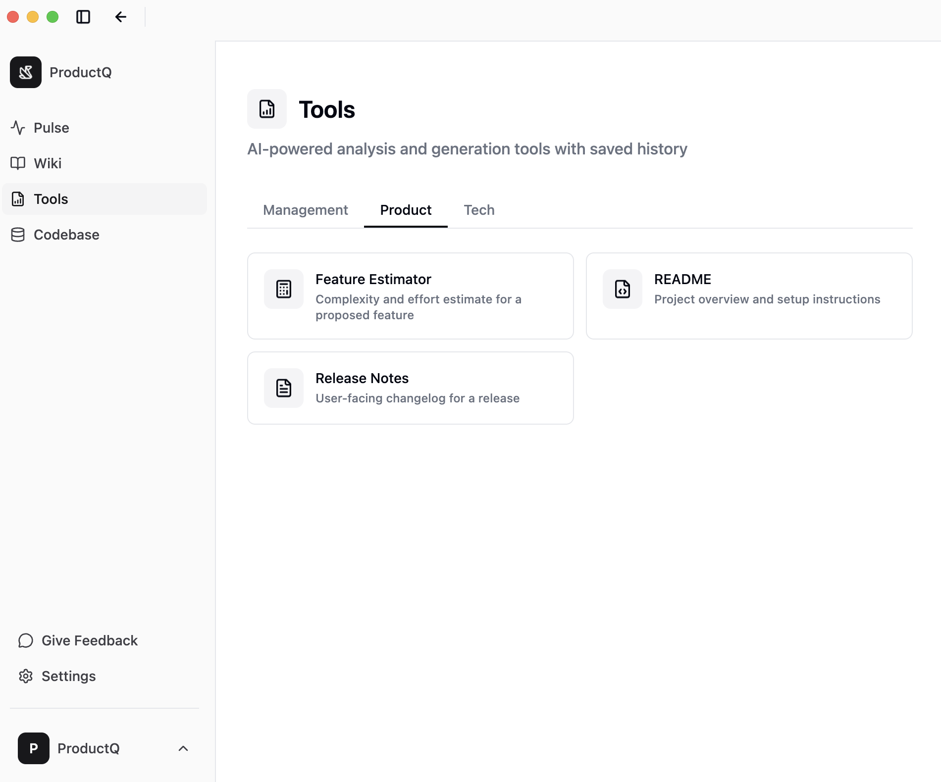 ProductQ showing Pulse cards, Wiki sections, and tool outputs